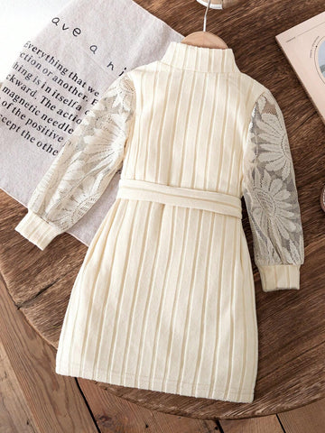 1set Little Girls Casual Solid Color Lace Mesh Sleeve Patchwork Dress With Matching Belt