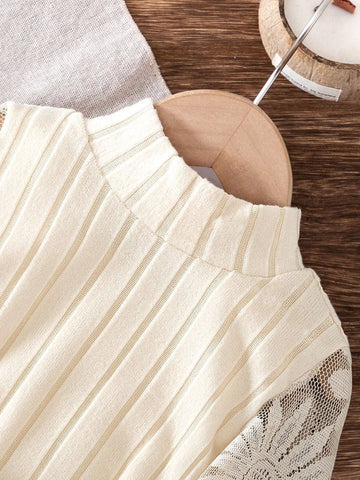 1set Little Girls Casual Solid Color Lace Mesh Sleeve Patchwork Dress With Matching Belt