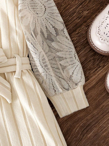 1set Little Girls Casual Solid Color Lace Mesh Sleeve Patchwork Dress With Matching Belt