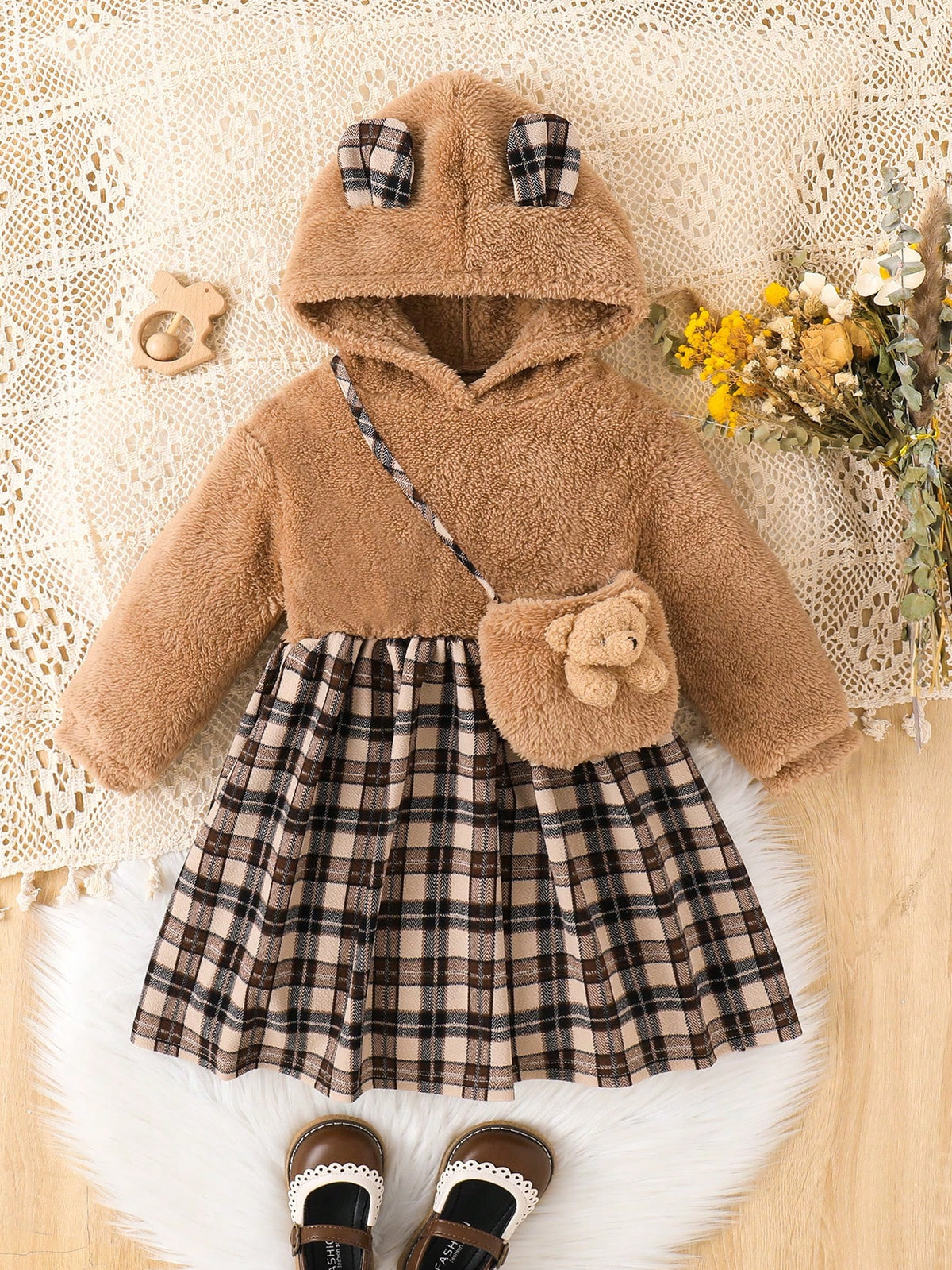 1set Young Girl Knitted Solid Color Fleece Hooded Patchwork Woven Plaid Bodycon Dress With Diagonal Shoulder Bag