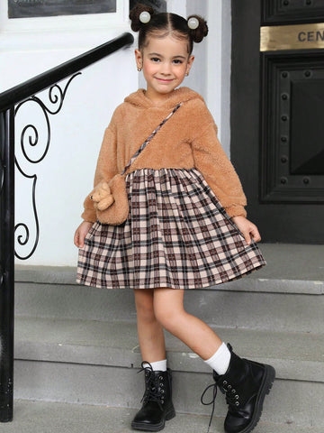 1set Young Girl Knitted Solid Color Fleece Hooded Patchwork Woven Plaid Bodycon Dress With Diagonal Shoulder Bag
