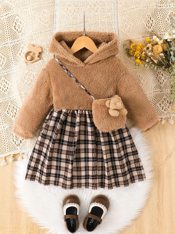 1set Young Girl Knitted Solid Color Fleece Hooded Patchwork Woven Plaid Bodycon Dress With Diagonal Shoulder Bag