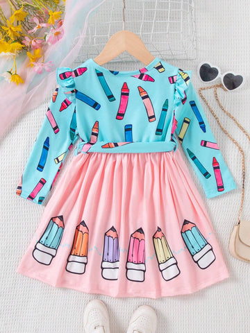 2-6Y Girls Digital Print Waist Dress With Cap Sleeve & Ruffle Hem, Cute Style, Fall 2024