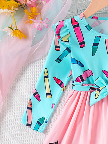 2-6Y Girls Digital Print Waist Dress With Cap Sleeve & Ruffle Hem, Cute Style, Fall 2024