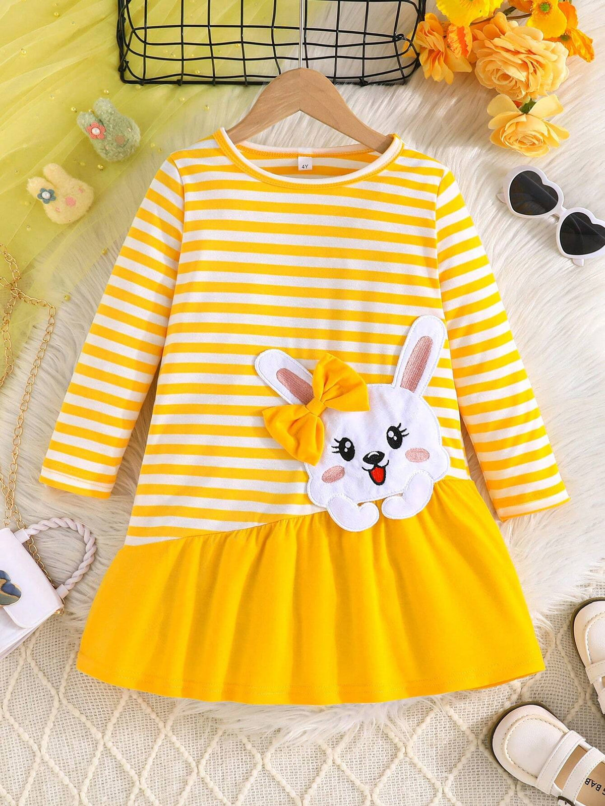 2-7 Years Girls Cute Bow Tie Rabbit Embroidered Dress, Striped Long Sleeve Splicing A-Line Skirt, Comfortable & Fashionable Clothing For Spring/Autumn