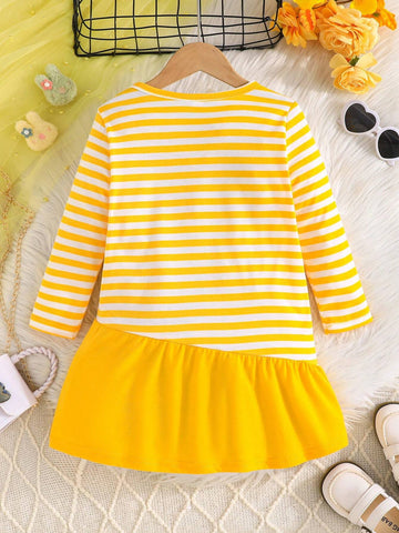 2-7 Years Girls Cute Bow Tie Rabbit Embroidered Dress, Striped Long Sleeve Splicing A-Line Skirt, Comfortable & Fashionable Clothing For Spring/Autumn