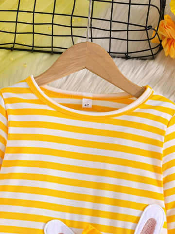 2-7 Years Girls Cute Bow Tie Rabbit Embroidered Dress, Striped Long Sleeve Splicing A-Line Skirt, Comfortable & Fashionable Clothing For Spring/Autumn