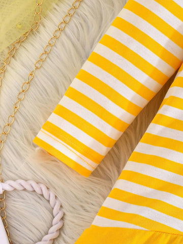 2-7 Years Girls Cute Bow Tie Rabbit Embroidered Dress, Striped Long Sleeve Splicing A-Line Skirt, Comfortable & Fashionable Clothing For Spring/Autumn