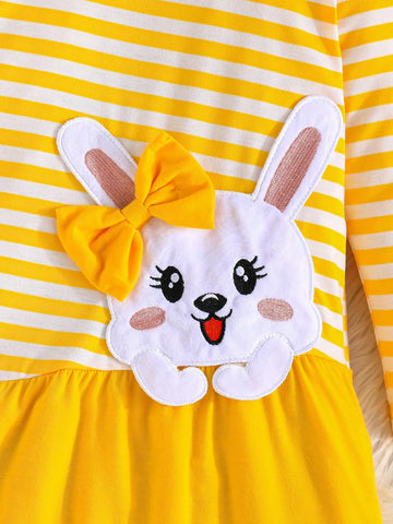 2-7 Years Girls Cute Bow Tie Rabbit Embroidered Dress, Striped Long Sleeve Splicing A-Line Skirt, Comfortable & Fashionable Clothing For Spring/Autumn