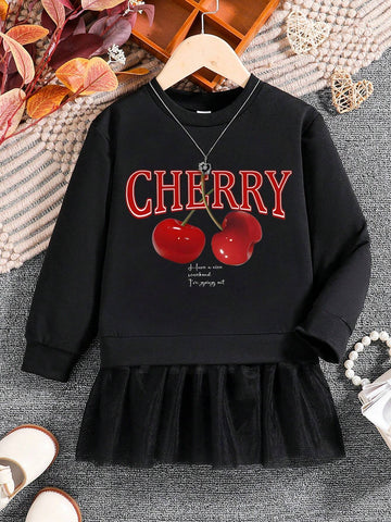 2-In-1 Cherry Print Mesh Hoodie Dress For Young Girls
