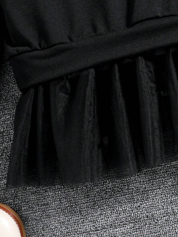 2-In-1 Cherry Print Mesh Hoodie Dress For Young Girls