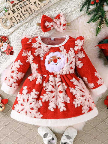 2-Piece Christmas 2024 Girls Plush Warm Cartoon Santa Claus Print Long Sleeve Dress + Headband Set, Winter