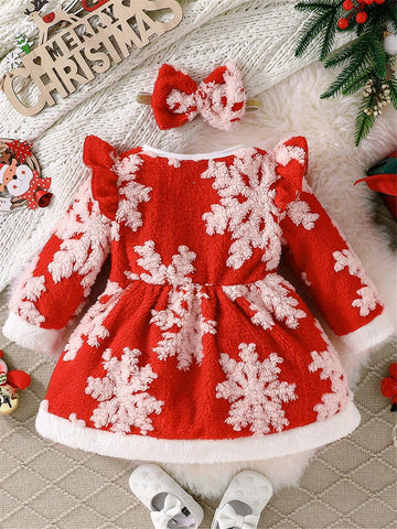 2-Piece Christmas 2024 Girls Plush Warm Cartoon Santa Claus Print Long Sleeve Dress + Headband Set, Winter