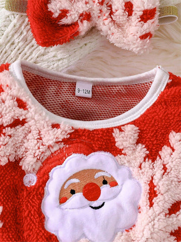 2-Piece Christmas 2024 Girls Plush Warm Cartoon Santa Claus Print Long Sleeve Dress + Headband Set, Winter