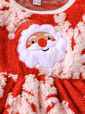 2-Piece Christmas 2024 Girls Plush Warm Cartoon Santa Claus Print Long Sleeve Dress + Headband Set, Winter