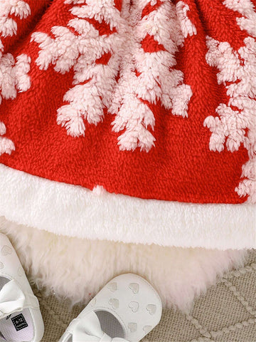 2-Piece Christmas 2024 Girls Plush Warm Cartoon Santa Claus Print Long Sleeve Dress + Headband Set, Winter