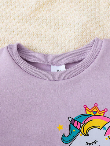 2-Piece Girls Unicorn Cartoon Graphic Long Sleeve Sweatshirt & Mesh Skirt Dress Set, Autumn/Winter New