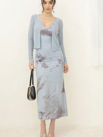 2-Piece Set: French Style High-End Mermaid Skirt & Spaghetti Strap Dress With Cardigan, Cross-Border Fall 2024 New Collection, Versatile Bodycon'