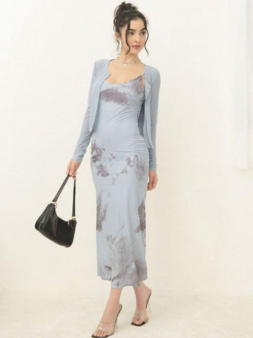 2-Piece Set: French Style High-End Mermaid Skirt & Spaghetti Strap Dress With Cardigan, Cross-Border Fall 2024 New Collection, Versatile Bodycon'