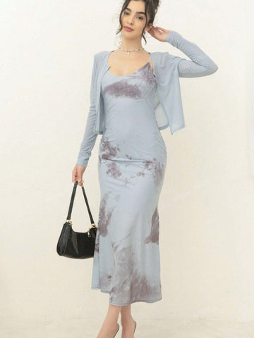 2-Piece Set: French Style High-End Mermaid Skirt & Spaghetti Strap Dress With Cardigan, Cross-Border Fall 2024 New Collection, Versatile Bodycon'