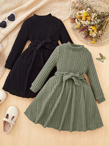 2-Piece Set: Young Girl Elegant Solid Color Stand Collar Long Sleeve Dress