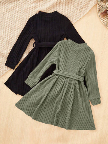 2-Piece Set: Young Girl Elegant Solid Color Stand Collar Long Sleeve Dress