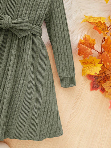 2-Piece Set: Young Girl Elegant Solid Color Stand Collar Long Sleeve Dress