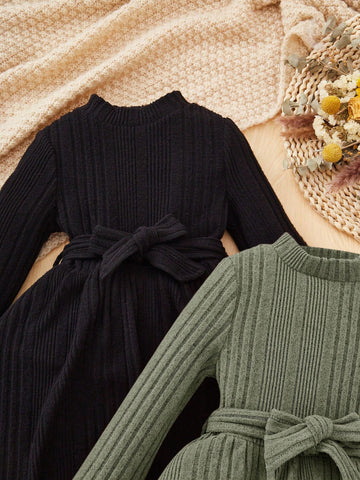 2-Piece Set: Young Girl Elegant Solid Color Stand Collar Long Sleeve Dress