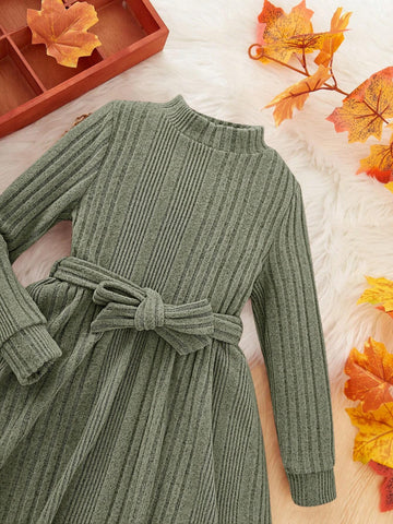 2-Piece Set: Young Girl Elegant Solid Color Stand Collar Long Sleeve Dress