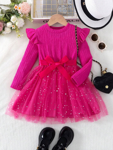 2-Piece Young Girls Fashion Casual Solid Stripe Textured Long Sleeve Round Neck Patchwork With Star Moon Mesh Hem Dress