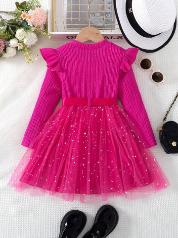 2-Piece Young Girls Fashion Casual Solid Stripe Textured Long Sleeve Round Neck Patchwork With Star Moon Mesh Hem Dress