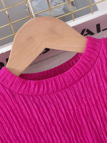 2-Piece Young Girls Fashion Casual Solid Stripe Textured Long Sleeve Round Neck Patchwork With Star Moon Mesh Hem Dress