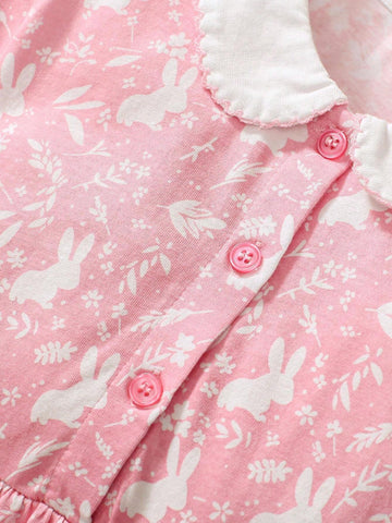 2024Young Girls Casual Doll Collar V-Neck Short Sleeve Dress With Button, Cartoon Rabbit Print Pattern, Fashionable And Exquisite Princess Dress