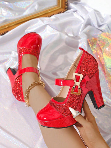 Super High Heel Sequined Thick Heel Shoes For Women, Platform,