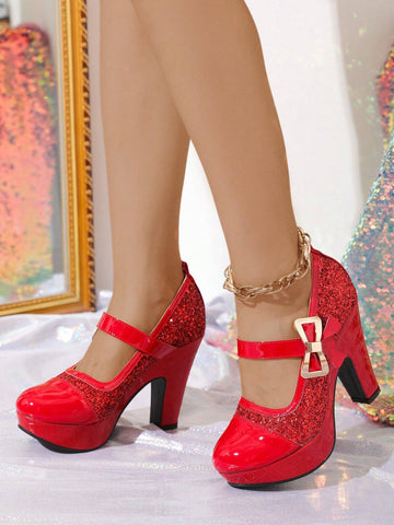 Super High Heel Sequined Thick Heel Shoes For Women, Platform,