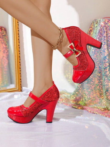 Super High Heel Sequined Thick Heel Shoes For Women, Platform,