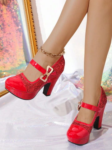 Super High Heel Sequined Thick Heel Shoes For Women, Platform,