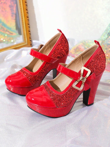 Super High Heel Sequined Thick Heel Shoes For Women, Platform,