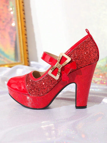 Super High Heel Sequined Thick Heel Shoes For Women, Platform,
