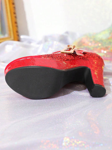 Super High Heel Sequined Thick Heel Shoes For Women, Platform,