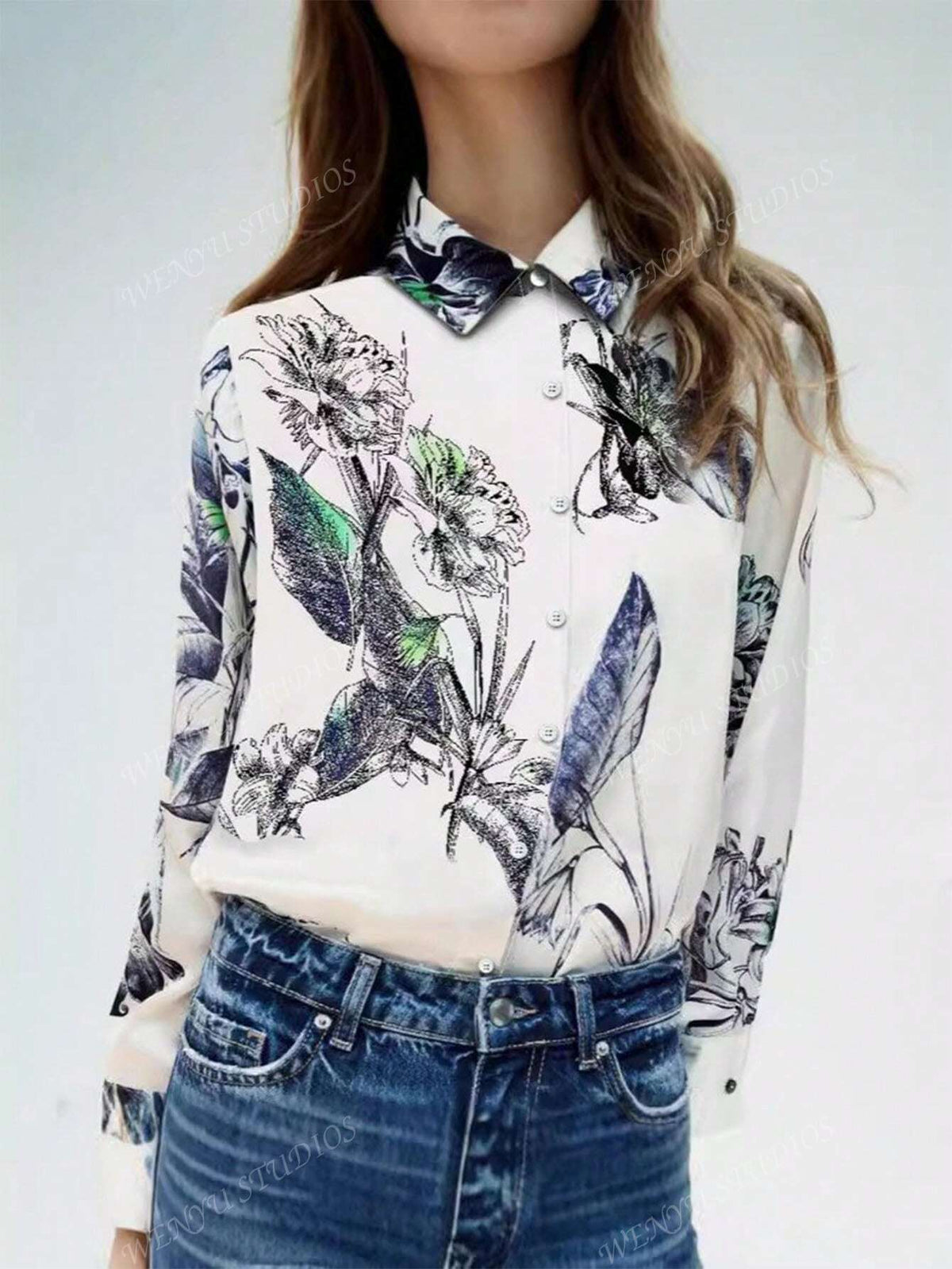 Floral Print Long Sleeve Tie Decor Blouse For Women
