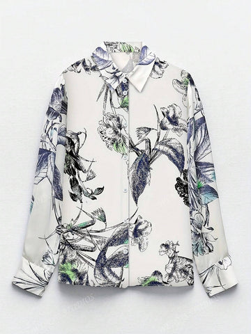 Floral Print Long Sleeve Tie Decor Blouse For Women