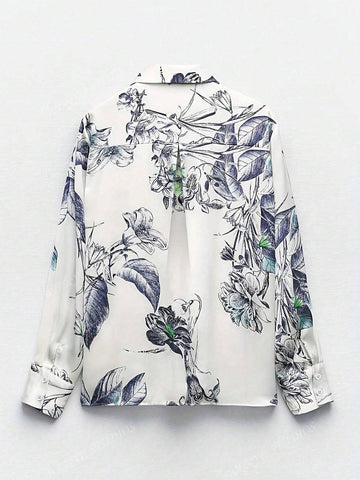 Floral Print Long Sleeve Tie Decor Blouse For Women