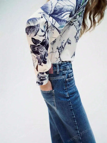 Floral Print Long Sleeve Tie Decor Blouse For Women