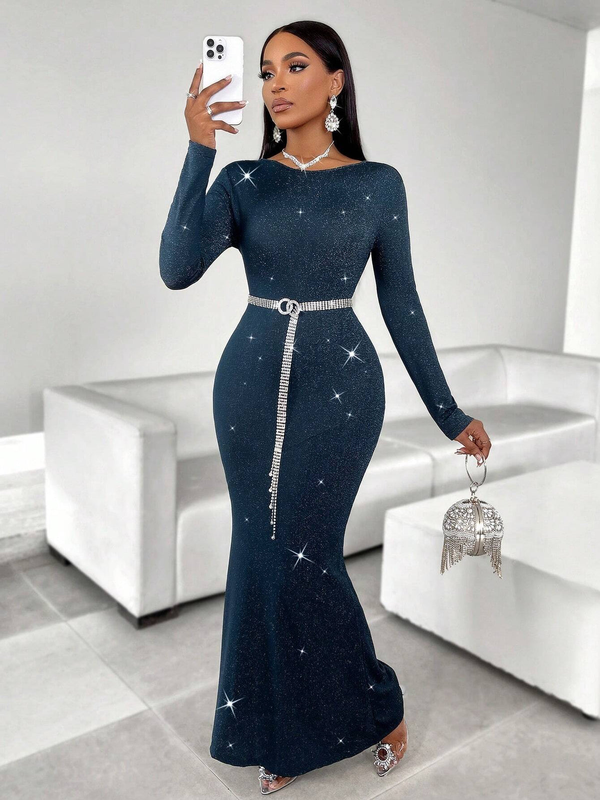 2024 Fall/Winter Women's Elegant Glittery Long Sleeve Bodycon Mermaid Dress With Two Ways To Wear It: Front And Back For Dating, Single Party, Formal Dinner Or Gala Event,Halloween