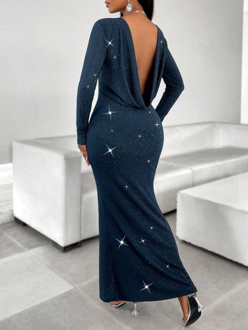 2024 Fall/Winter Women's Elegant Glittery Long Sleeve Bodycon Mermaid Dress With Two Ways To Wear It: Front And Back For Dating, Single Party, Formal Dinner Or Gala Event,Halloween