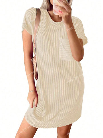 2024 Fashion Women's Summer Casual Wavy Striped Short Sleeve Pocket Dress