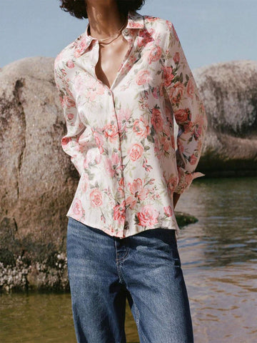 Floral Print Button-Up Long Sleeve Casual Blouse, Versatile For Women