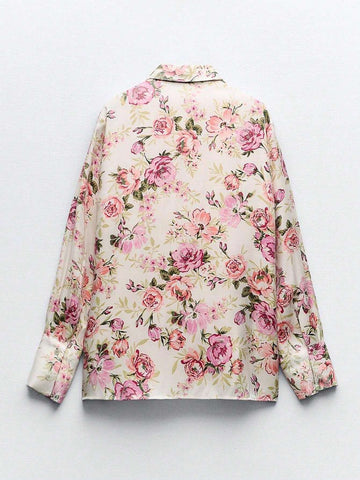 Floral Print Button-Up Long Sleeve Casual Blouse, Versatile For Women