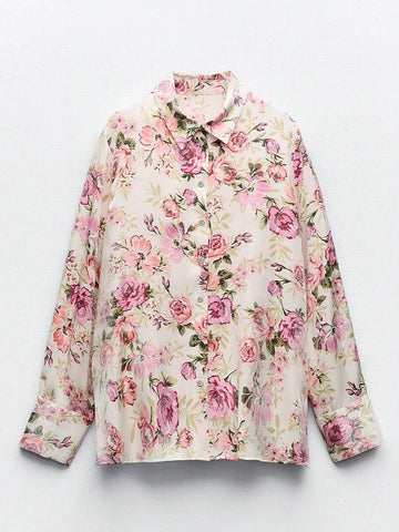 Floral Print Button-Up Long Sleeve Casual Blouse, Versatile For Women